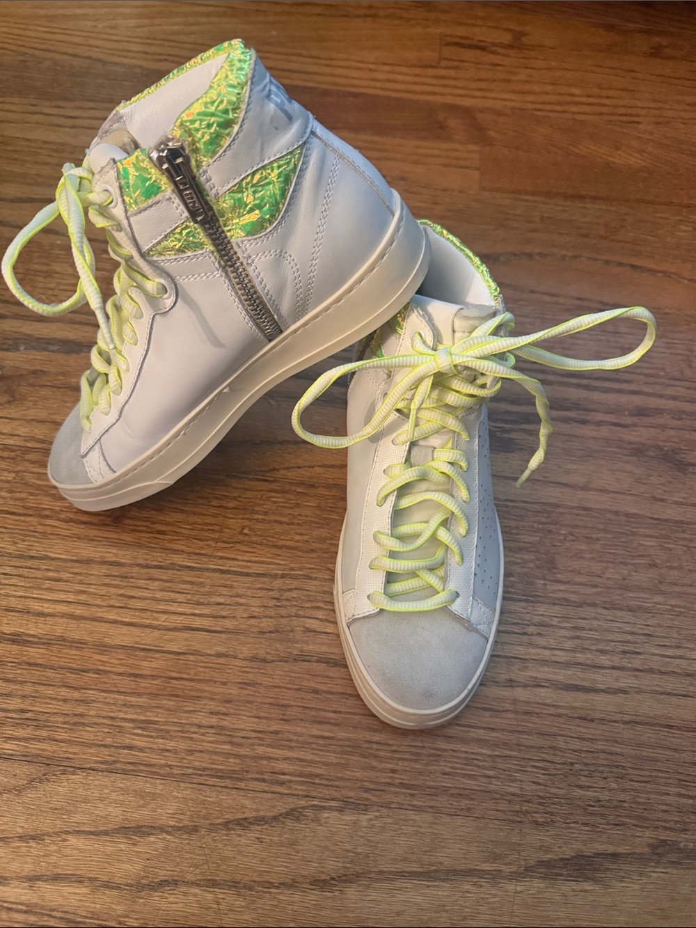 P448 Taylor High-Top Sneakers in White with neon green details side zipper-5